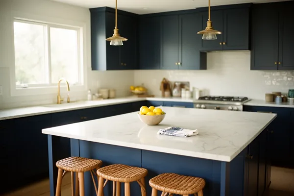 A modern kitchen with blue cabinets, white marble countertop, woven bar stools, and brass pendant lights, illuminated by natural light.