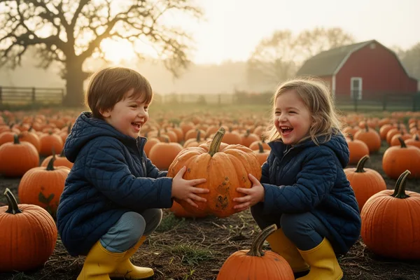 Two children in blue jackets and yellow boots holding a pumpkin in a pumpkin patch with a barn and tree in the background at sunset.