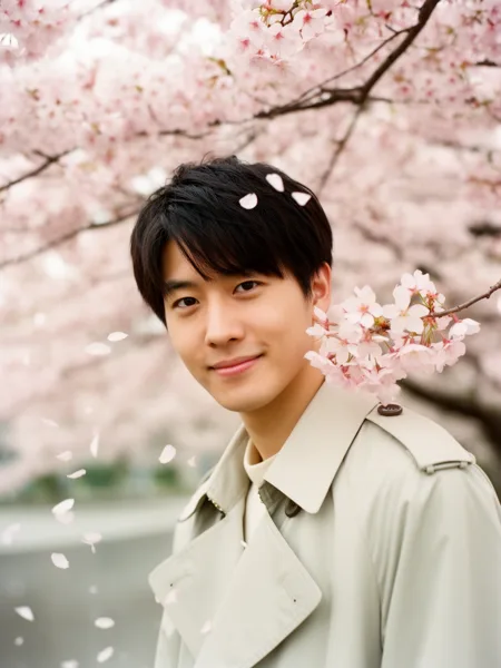 A young man in a trench coat standing under cherry blossom trees with petals falling around him in soft natural light.