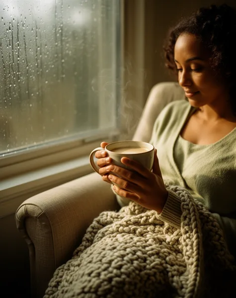Woman wrapped in a knit blanket holding a cup of coffee by a rainy window with soft lighting.