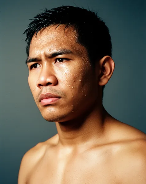 Close-up of a focused athlete with sweat on his face against a neutral background, soft lighting highlighting the moisture.