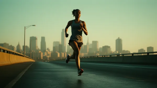 A woman running on a bridge with a city skyline in the background during dawn lighting.
