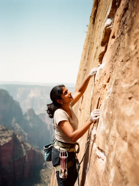A female rock climber ascending a cliff with a mountain view in the background, under natural lighting.