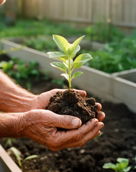 Hands holding a seedling with soil in a garden setting under natural light.