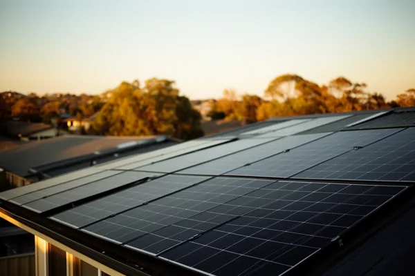 Solar panels on a rooftop with a suburban neighborhood and trees in the background during sunset lighting.