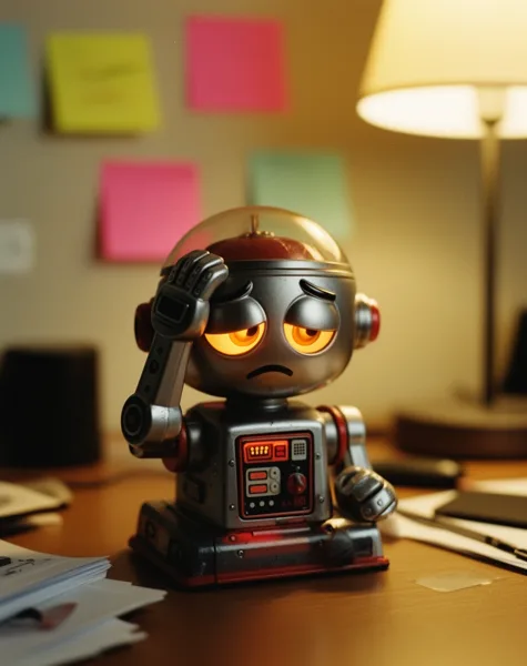 A cute robot toy with glowing eyes sits on a desk with colorful sticky notes in the background and a lamp providing warm light.