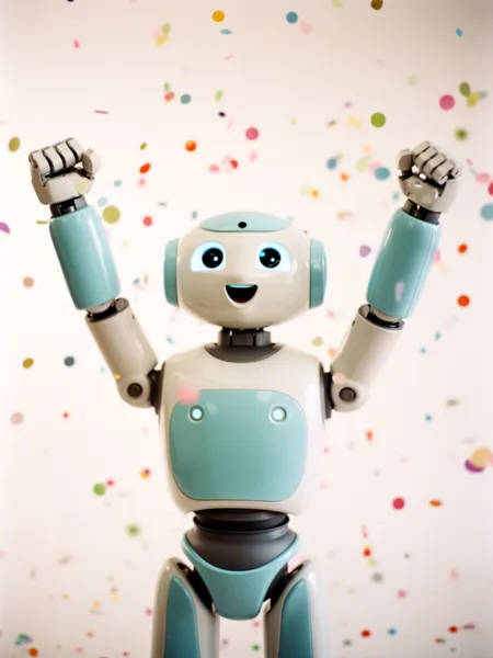 A cheerful robot with raised arms surrounded by colorful confetti on a neutral background, under soft lighting.