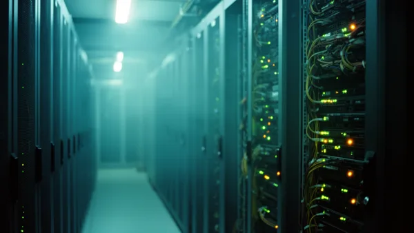 A corridor in a data center with server racks and glowing LED lights in a bluish hue.