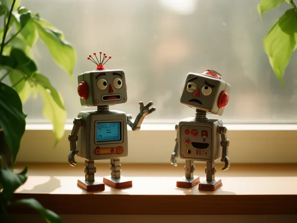 Two vintage toy robots with expressive faces on a wooden windowsill, surrounded by green leaves and soft natural light.