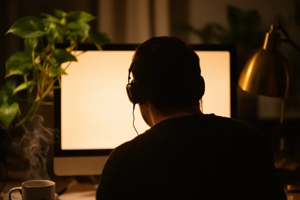A person with headphones sits at a desk in front of a glowing computer screen, with a steaming mug and a potted plant nearby, in dim lighting.