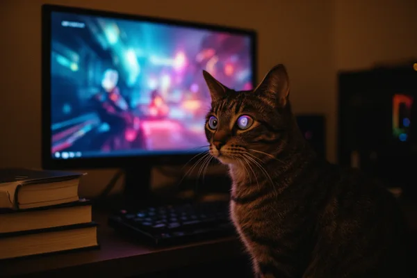 A tabby cat sitting in front of a glowing computer monitor displaying a blurred cyberpunk scene in a dimly lit room.