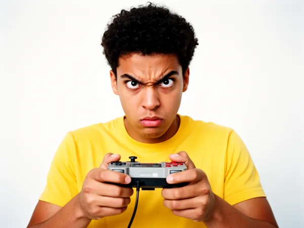 Young man in a yellow shirt intensely holding a game controller against a white background.