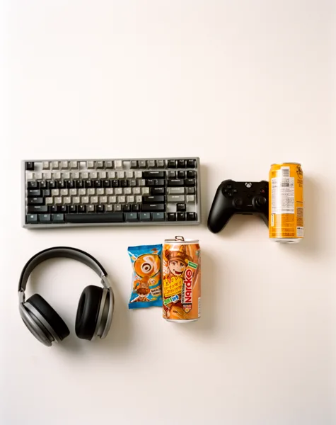 Flat lay of a mechanical keyboard, game controller, headphones, two cans of drinks, and a snack pack on a white surface with soft lighting.