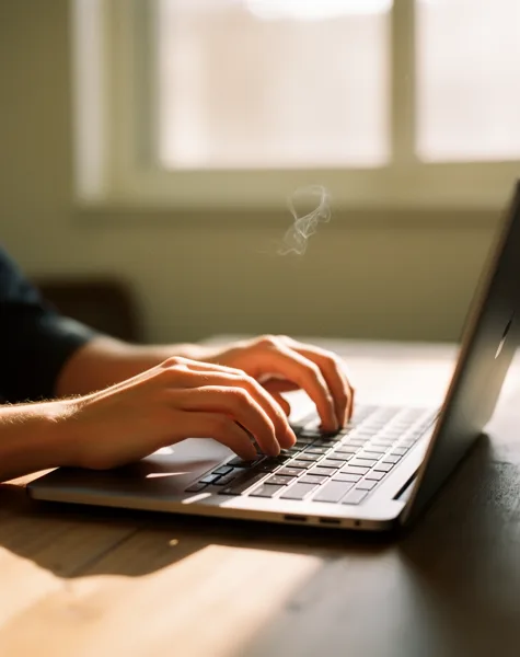 Close-up of hands typing on a laptop keyboard with warm natural light coming through a window.