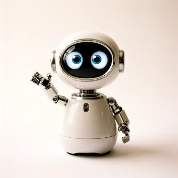 A cute humanoid robot with large eyes and a metallic finish is waving against a light background with soft lighting.