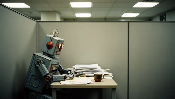 A vintage robot sitting in an office cubicle with paperwork and a coffee mug under fluorescent lighting.