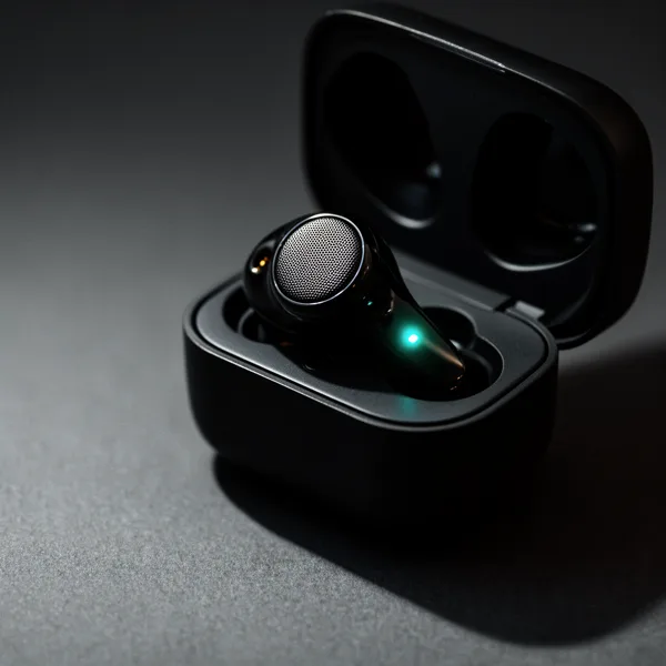 A wireless earbud with a mesh speaker grille is placed in an open charging case, highlighted by soft lighting against a dark background.