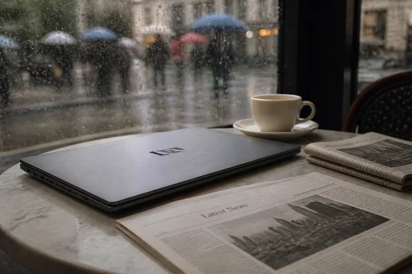 A laptop on a marble cafe table with a cup of coffee and a newspaper, set against a rainy window with blurred figures outside.