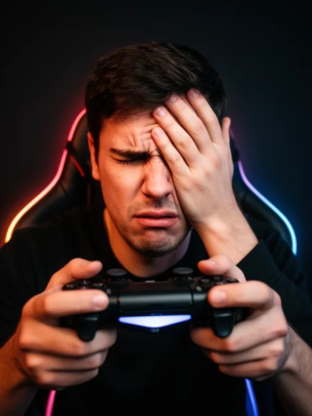 A frustrated young man holding a gaming controller and covering his face in a gaming chair with LED lights in a dark setting.