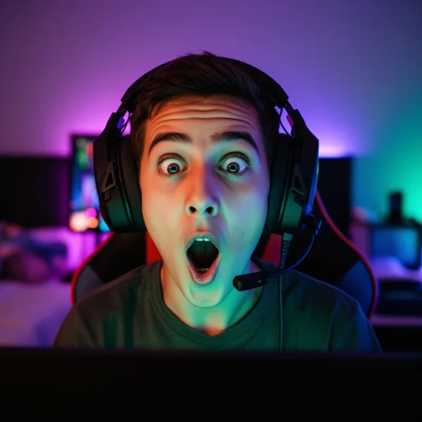 A young gamer with an excited expression wearing a headset, illuminated by colorful RGB lighting in a dimly lit room.