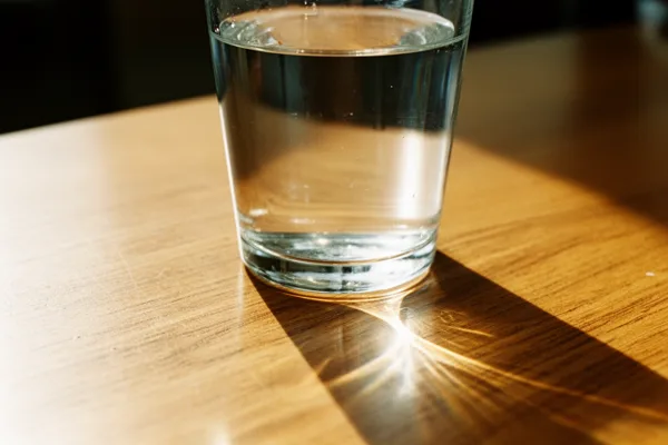 A glass of water on a wooden table with sunlight casting a shadow and light refraction pattern.