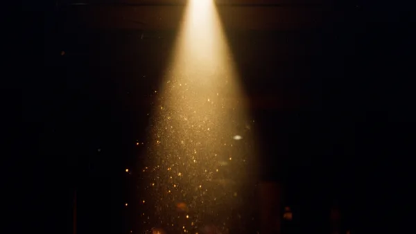 Dust particles floating in a warm spotlight beam against a dark background, creating a textured and atmospheric effect.