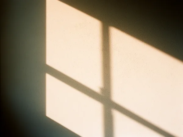 Geometric shadows from a window cast on a textured wall with soft sunlight.