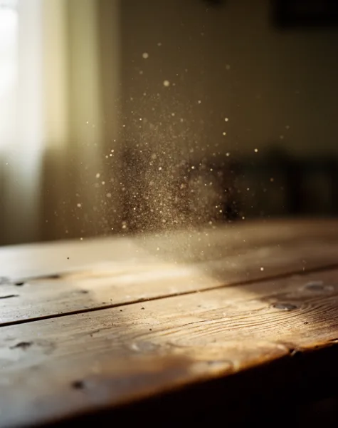 Dust particles floating in sunlight above a wooden table in a softly lit room.
