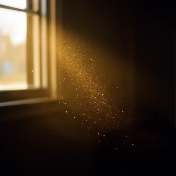 Dust particles floating in a sunbeam coming through a window in a dimly lit room.