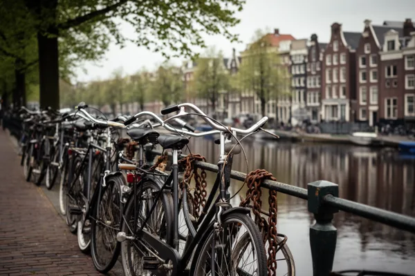 Bicycles chained to a railing beside a canal with narrow houses in the background under an overcast sky in Amsterdam.
