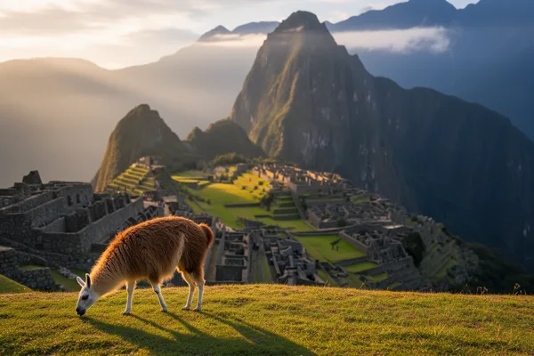 A llama grazes on grass with Machu Picchu ruins and mountains in the background during sunrise lighting.