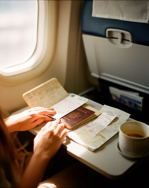 Airplane tray table with a passport, boarding pass, maps, and a cup of coffee under soft natural light.