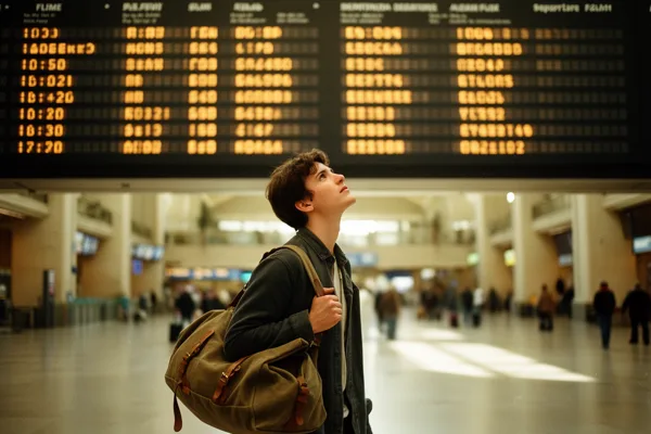 A young traveler with a duffel bag looks up at an airport departure board in a well-lit terminal.