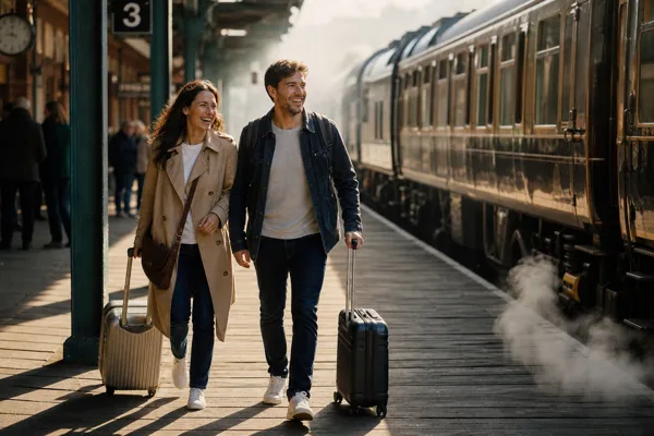 A couple with suitcases walking on a train platform in warm morning light with a vintage train in the background.