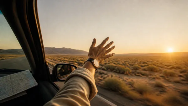 A hand with a watch extends out of a car window during sunset over a desert landscape with a map on the dashboard.