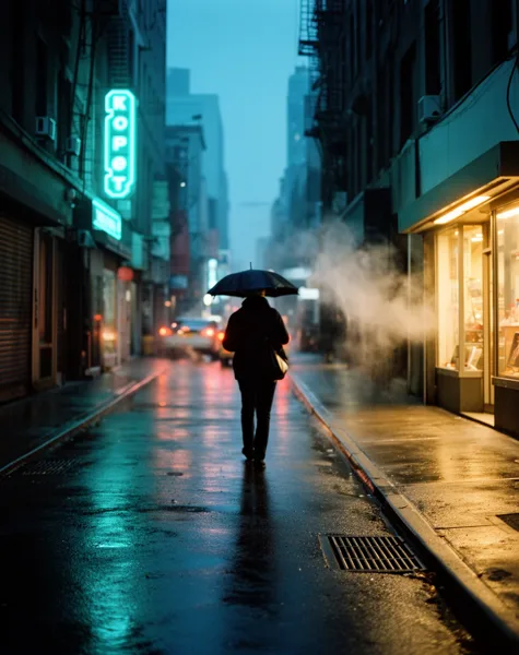 Silhouette of a person with an umbrella walking in a rainy city alley at night, illuminated by neon signs and shop lights.