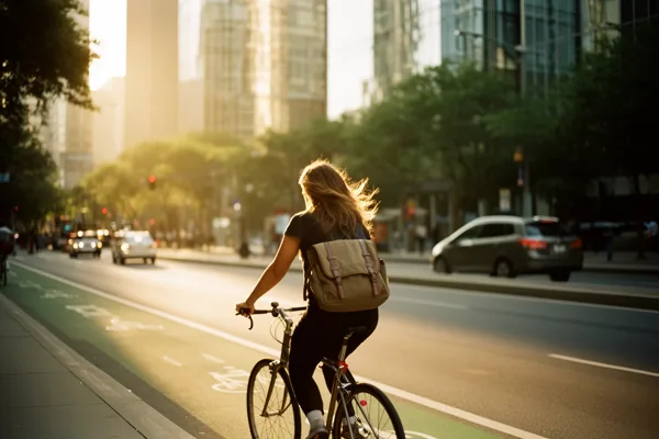 A cyclist with a backpack rides in a bike lane in an urban area during sunset, with cars and buildings in the background.