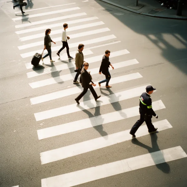 Aerial view of people crossing a zebra crosswalk in a city with long shadows cast by the sun.