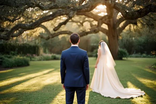 Bride and groom standing under a large tree in a garden with sunlight filtering through the leaves.