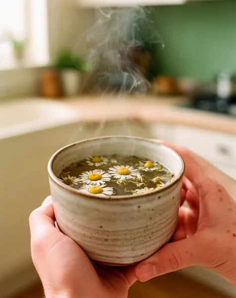 Hands holding a ceramic bowl of steaming chamomile tea with flowers, in a softly lit kitchen setting.