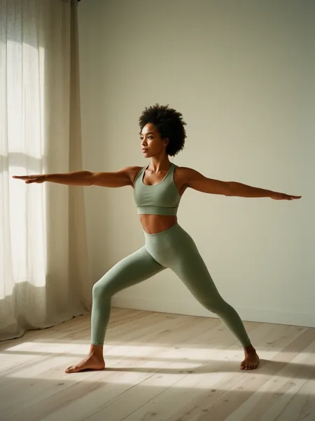 A woman in sage green activewear performs the Warrior II yoga pose in a softly lit room with wooden floors.