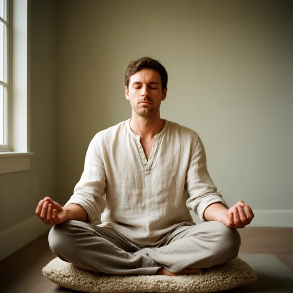 A man in a linen outfit meditates cross-legged on a mat in a softly lit room with natural light.