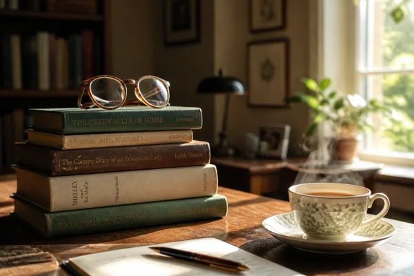 A stack of books with glasses on top, next to a steaming cup of tea on a wooden desk in a sunlit room.