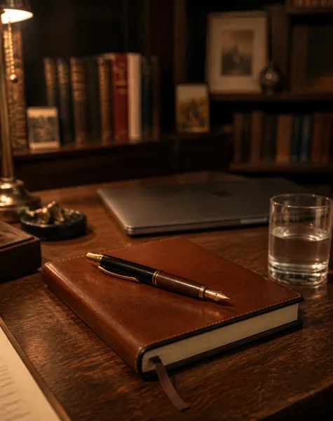 A leather-bound notebook with a fountain pen on a wooden desk, with a laptop, glass of water, and bookshelf in the background, under warm lamp light.
