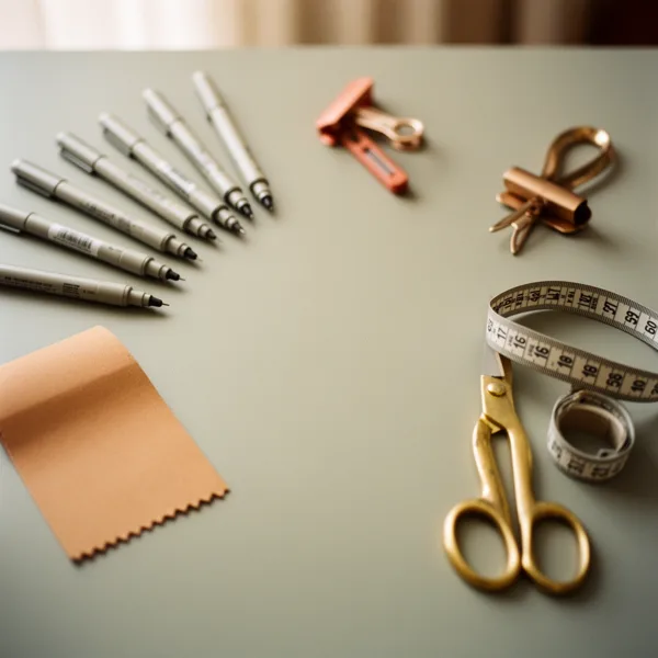 Art supplies including pens, scissors, measuring tape, and paper clips arranged on a light surface with soft natural lighting.