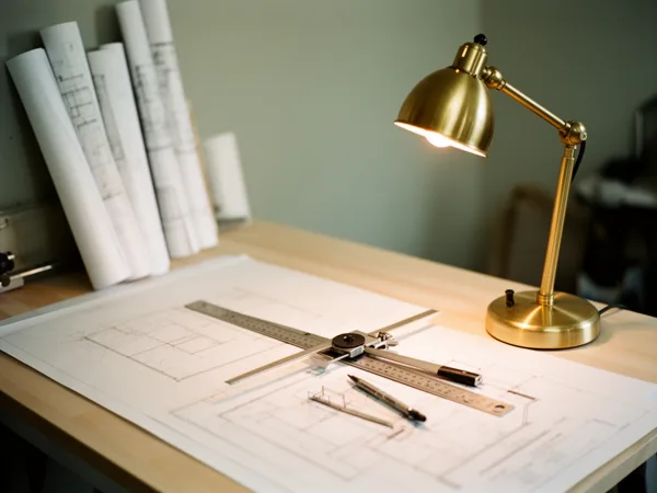 A drafting workspace with blueprints, a ruler, and a brass desk lamp on a wooden desk, with rolled-up plans in the background.