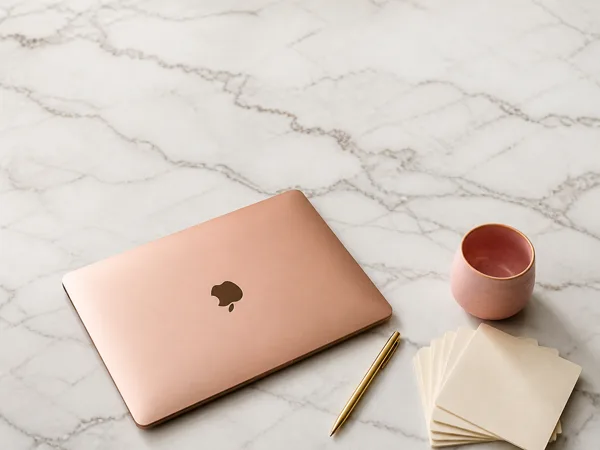 Rose gold laptop, pink ceramic cup, gold pen, and beige coasters on a marble surface with subtle veining.